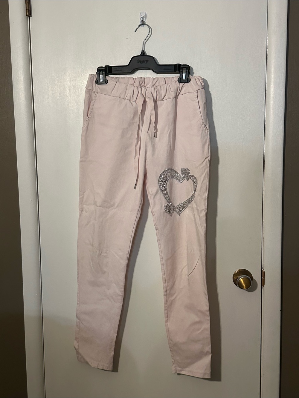 Angela Mara drawstring pale pink pull on pants sequin heart made in Italy